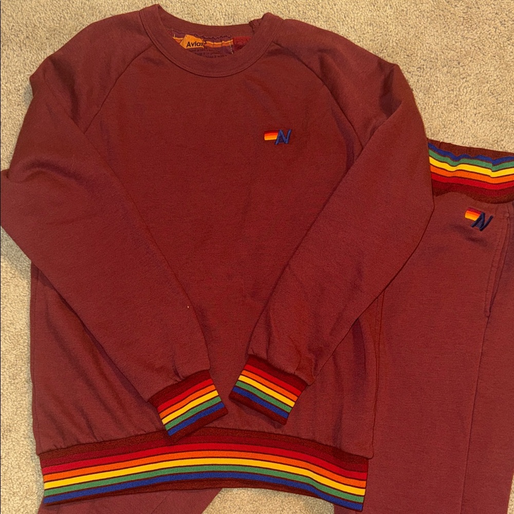 Aviator Nation Burgundy Sweatsuit set with Rainbow Accents - Picture 6 of 8